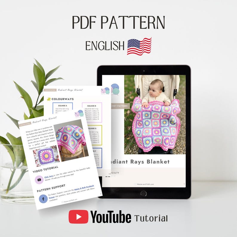 Crochet Baby Blanket Pattern | PDF + Video Tutorial | Easy Sunburst Granny Square | Baby Shower Gift image 2