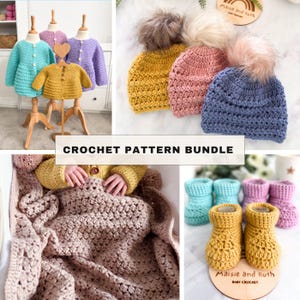 May include: A crochet pattern bundle featuring baby cardigans in teal, purple, and mustard, beanies with faux fur pom-poms in yellow, pink, and blue, a textured mauve baby blanket, and small baby booties in teal, purple, and mustard colors.