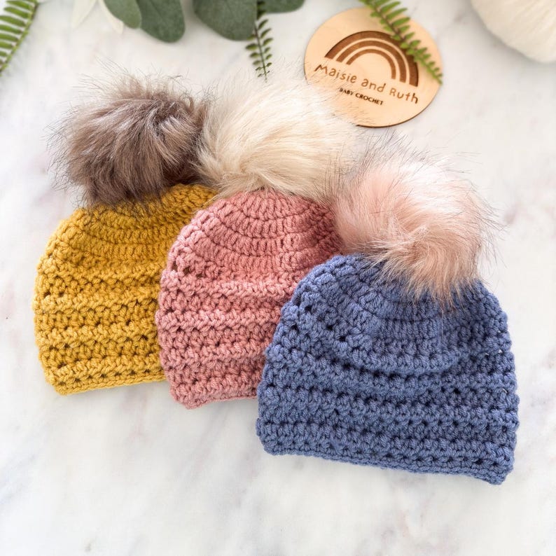 Crochet beanie pattern with optional faux fur pom pom attachment