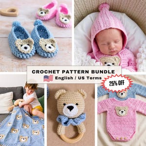 May include: A crochet pattern bundle featuring baby items with bear motifs. Includes blue and pink booties, a pink hooded sweater, a blue blanket with bear squares, a bear rattle with a wooden ring, and blue and pink long-sleeve onesies.