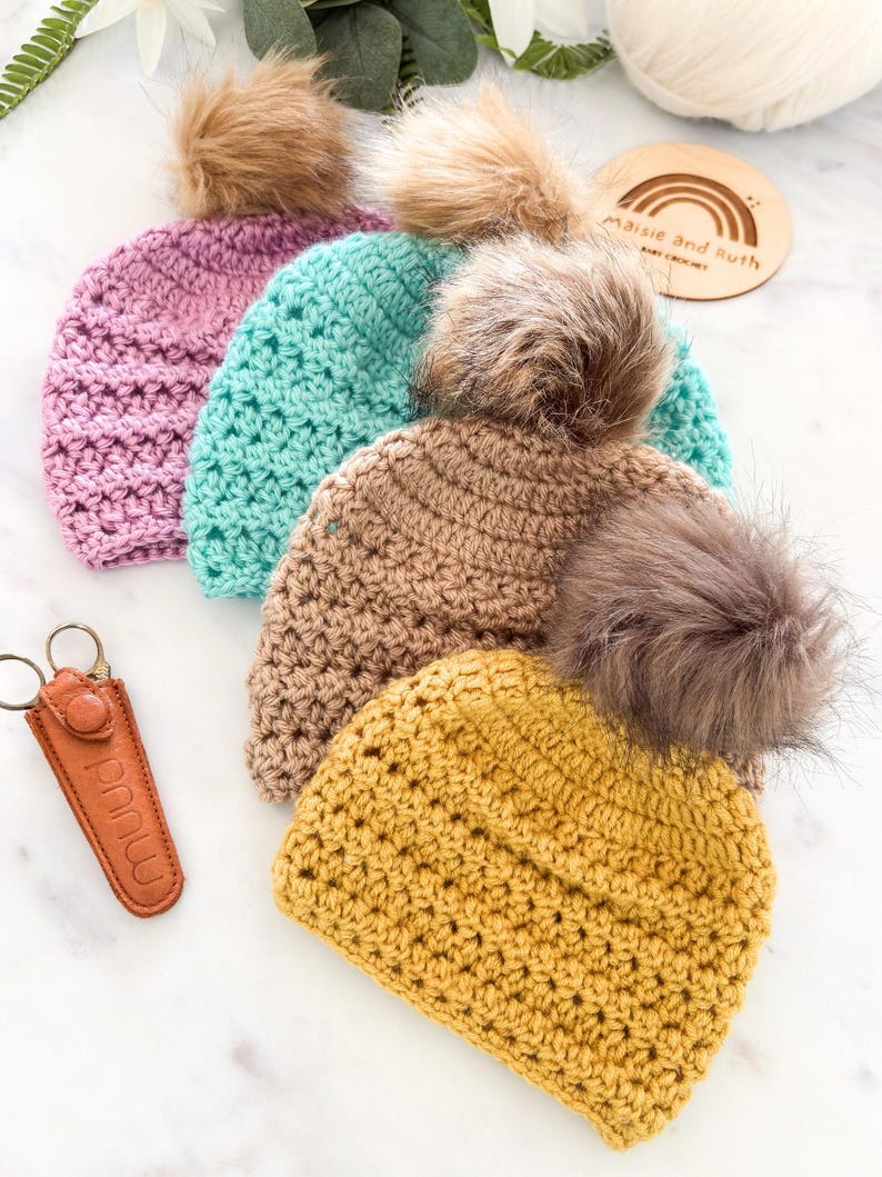 Willow Ridge Beanie crochet pattern in textured stitch with faux fur pom pom