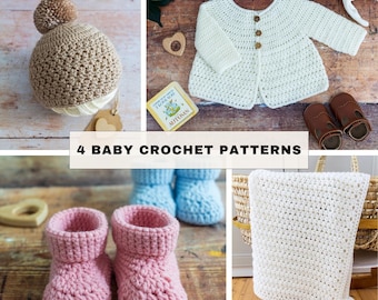 Easy Crochet Baby Set Patterns | PDF + Video Tutorials | Cardigan Hat, Booties, Blanket (Instant Downloads)