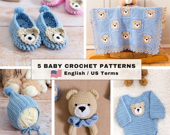Kit com Molde de Crochê + Vídeo | Conjunto Ursinho de Pelúcia Fácil | Cobertor, Sapatinhos, Gorro, Macacão e Brinquedo para Bebê