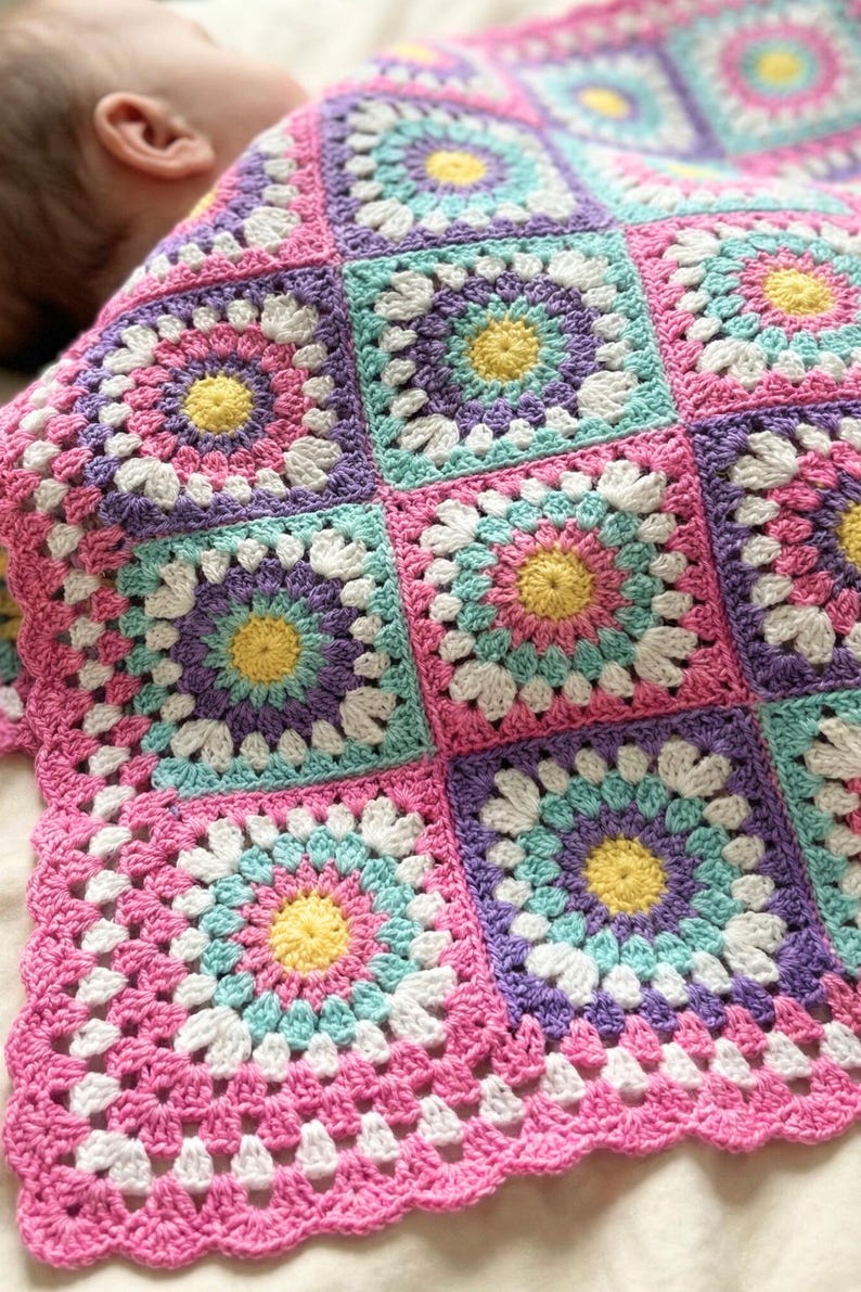 Crochet Baby Blanket Pattern | PDF + Video Tutorial | Easy Sunburst Granny Square | Baby Shower Gift image 12