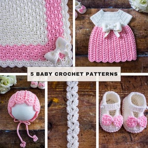 Conjunto de patrones de ganchillo para bebé: vestido, gorro, zapatos, diadema y manta (PDF + videotutorial).