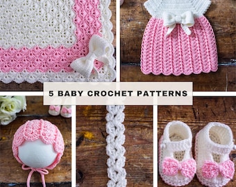 Crochet Baby Set Pattern Bundle | Dress, Bonnet, Shoes, Headband, Blanket (PDF + Video Tutorial)
