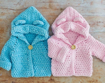 Crochet Baby Hoodie with Bear Ears Pattern, Crochet Baby Cardigan Pattern by Maisie and Ruth | *Instant Download* | **PATTERN ONLY**