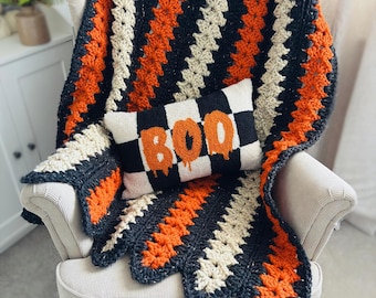 Crochet Pattern + Video Tutorial | Spooky Strips Throw | Halloween Afghan | Super Chunky Blanket PDF