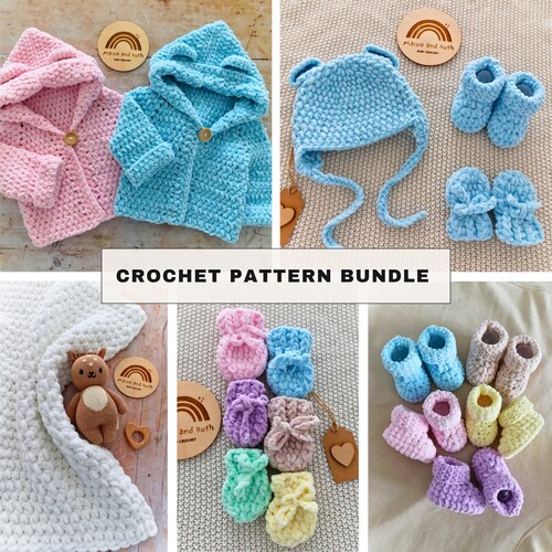Crochet Pattern Bundle PDF | + Video Tutorials | Chunky Chenille Beanie, Booties, Mittens, Hoodie, Blanket