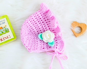 CROCHET PATTERN + VIDEO | Crochet Baby Bonnet Pattern with Crochet Rose by Maisie and Ruth | *Instant Download*