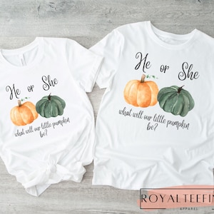 May include: Two white t-shirts with the text "He or She what will our little pumpkin be?" and a watercolor illustration of a green and orange pumpkin.