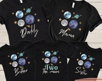 Two the Moon 2nd Birthday Shirt Two the Moon Boy Birthday TShirt Space Birthday T-Shirt Outer Space Birthday Shirt Matching Family Birthday