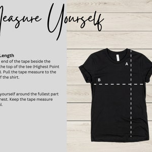 May include: Diagram showing how to measure body length and chest for a t-shirt. The diagram shows a black t-shirt with dashed lines indicating where to measure.