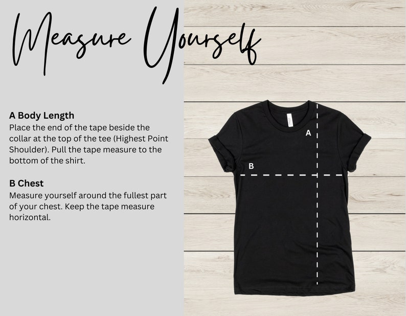 May include: Diagram showing how to measure body length and chest for a t-shirt. The diagram shows a black t-shirt with dashed lines indicating where to measure.
