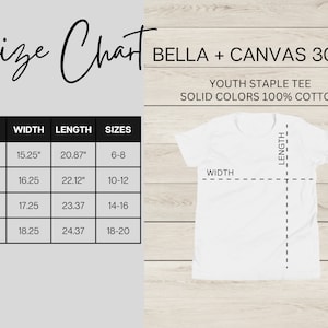 Pu&ograve; includere: Tabella delle taglie per la t-shirt basic per ragazzi Bella + Canvas 3001Y, realizzata in 100% cotone. La tabella mostra la larghezza e la lunghezza in pollici per le taglie 6-8, 10-12, 14-16 e 18-20.