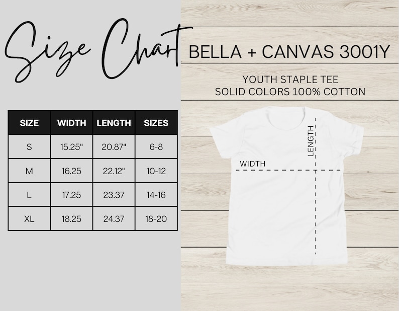 Pu&ograve; includere: Tabella delle taglie per la t-shirt basic per ragazzi Bella + Canvas 3001Y, realizzata in 100% cotone. La tabella mostra la larghezza e la lunghezza in pollici per le taglie 6-8, 10-12, 14-16 e 18-20.