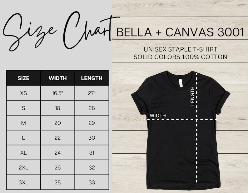 K&ouml;nnte beinhalten: Gr&ouml;&szlig;entabelle f&uuml;r ein Unisex Bella + Canvas 3001 T-Shirt. Die Tabelle zeigt die Breite und L&auml;nge in Zoll f&uuml;r die Gr&ouml;&szlig;en XS bis 3XL.