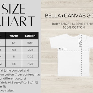 Pu&ograve; includere: Tabella delle taglie per la maglietta a maniche corte per neonati Bella + Canvas 3001B, realizzata in 100% cotone. La tabella mostra le misure di larghezza e lunghezza in pollici per le taglie 3-6M, 6-12M, 12-18M e 18-24M. Il tessuto &egrave; descritto come cotone pettinato e filato ad anello, leggero e dalla vestibilit&agrave; regolare.