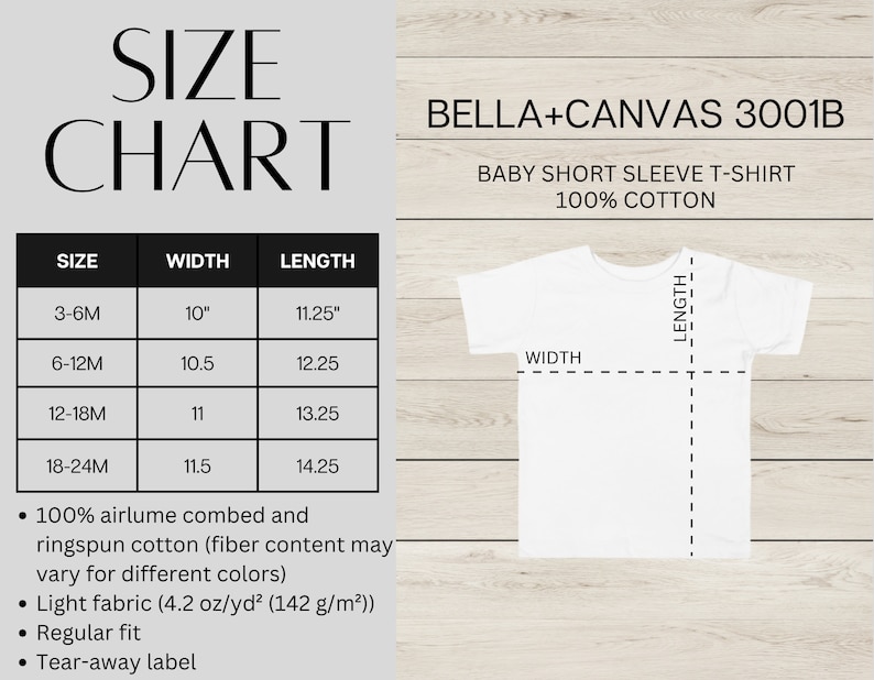 Pu&ograve; includere: Tabella delle taglie per la maglietta a maniche corte per neonati Bella + Canvas 3001B, realizzata in 100% cotone. La tabella mostra le misure di larghezza e lunghezza in pollici per le taglie 3-6M, 6-12M, 12-18M e 18-24M. Il tessuto &egrave; descritto come cotone pettinato e filato ad anello, leggero e dalla vestibilit&agrave; regolare.
