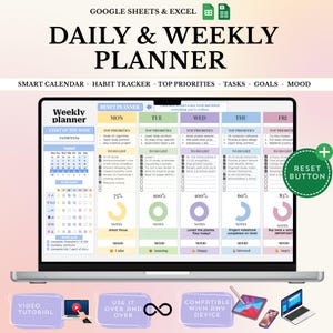 Può includere: Un pianificatore giornaliero e settimanale digitale per Google Sheets ed Excel visualizzato sullo schermo di un portatile. L'interfaccia presenta un programma settimanale con colonne dal lunedì al venerdì, incluse sezioni per priorità e attività.
