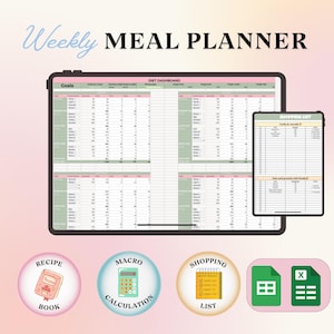 May include: A digital weekly meal planner dashboard displayed on two tablet screens, featuring columns for food items, quantities, and macros. Below are four circular icons labeled Recipe Book, Macro Calculation, Shopping List, and spreadsheet file icons.