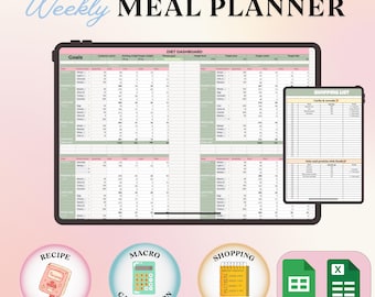 Automated Meal Planner Google Sheets | Weekly Food Tracker Spreadsheet | Macro Calorie Grocery List