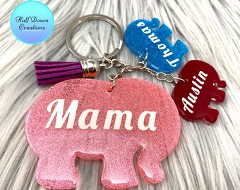 Llavero personalizado de mamá elefante, nombres de familia personalizados