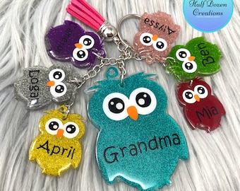 Llavero familiar personalizado con forma de búho, regalo personalizado para mamá