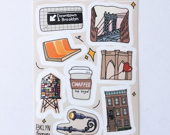 Brooklyn Illustrations Sticker Sheet, Waterproof Vinyl Art (4x6 Inch)