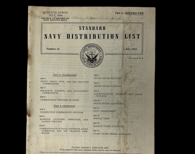 Original WWII July 1944 US Navy Distribution List Report Marked