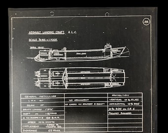 May include: A black and white technical drawing of an Assault Landing Craft (ALC) with details about its dimensions, armament, and protection. The drawing is dated April 1942 and includes the text "SCALE 1/8 INS = 1 FOOT."