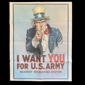 ¡RARO! Póster original de reclutamiento de soldados estadounidenses "Te quiero para el ejército de EE. UU." del Tío Sam de 1975, James Montgomery Flagg (con C.O.A.)