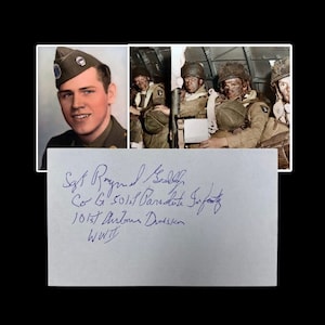 Segunda Guerra Mundial, Dia D, 101ª Divisão Aerotransportada, 501º Sargento PIR. Cartão histórico autografado do pára-quedista da Normandia Raymond Geddes (C.O.A. incluído)