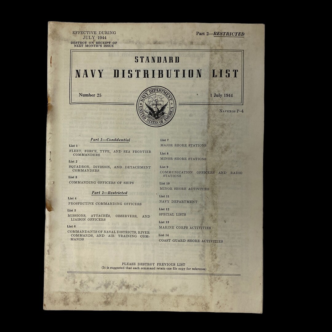 Original WWII July 1944 US Navy Distribution List Report Marked RESTRICTED C.O.A. Included Etsy