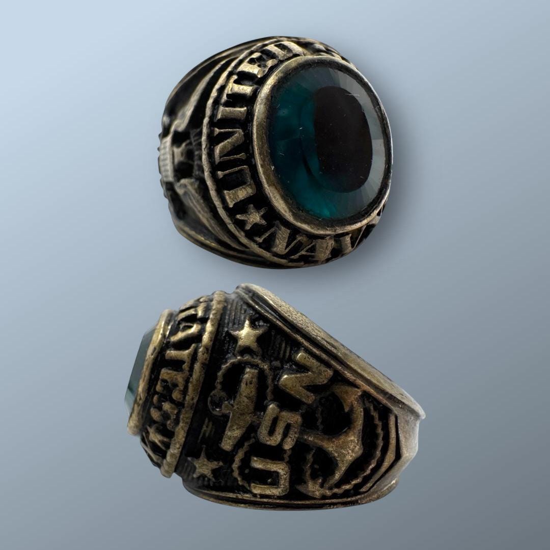 Vintage 1960s US Navy Ring, .925 Sterling Silver, Blue Gemstone
