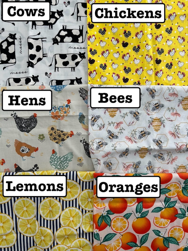 K&ouml;nnte beinhalten: Eine Collage aus sechs Stoffmustern mit verschiedenen Motiven: schwarz-wei&szlig;e K&uuml;he, gelbe H&uuml;hner, bunte Hennen, Bienen mit Waben, gelbe Zitronenscheiben auf dunkelblauen Streifen sowie Orangen mit gr&uuml;nen Bl&auml;ttern auf hellem Hintergrund.