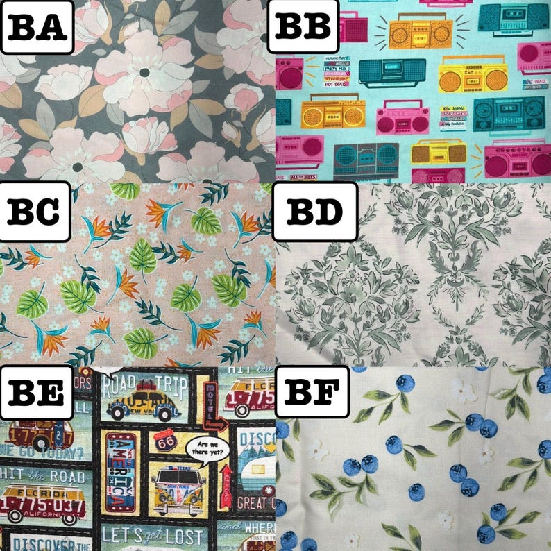 K&ouml;nnte beinhalten: Eine Collage aus sechs Stoffmustern: BA zeigt rosa Blumen auf dunkelgrauem Grund; BB zeigt bunte Ghettoblaster auf hellblauem Grund; BC zeigt tropische Bl&auml;tter und Blumen auf Rosa; BD hat ein graues Damastmuster; BE zeigt Reisebusse; BF zeigt Blaubeeren.