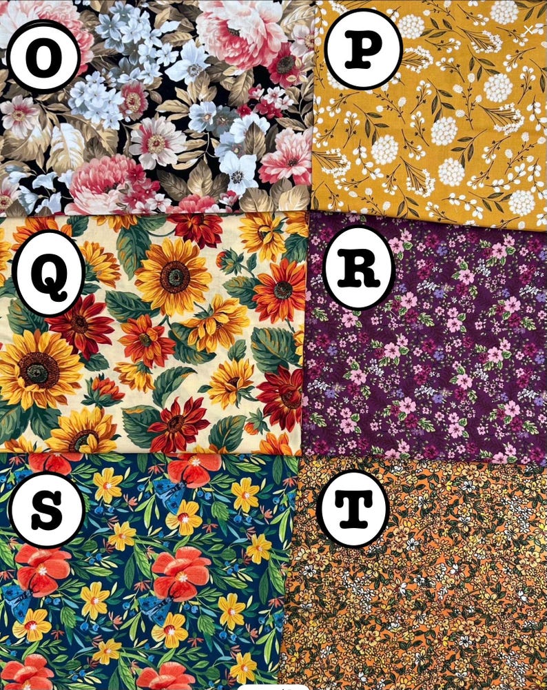K&ouml;nnte beinhalten: Eine Sammlung von sechs Stoffmustern mit verschiedenen Blumenmustern. Die Designs umfassen gro&szlig;e rosa und wei&szlig;e Pfingstrosen auf Schwarz, wei&szlig;e Bl&uuml;ten auf Senfgelb, Sonnenblumen auf Creme, violette Stoffe mit kleinen Bl&uuml;ten und orangefarbene Drucke.
