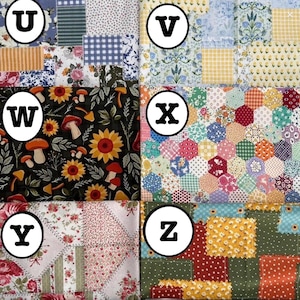 K&ouml;nnte beinhalten: Eine Sammlung von sechs Stoffmustern, beschriftet von U bis Z. U zeigt blau-wei&szlig;e Muster, V hellblaue und gelbe Blumenprints, W Pilze und Sonnenblumen auf Schwarz, X ein buntes Sechseck-Steppmuster, Y rosa Blumen-Patches und Z gr&uuml;ne und gelbe Blumenquadrate.