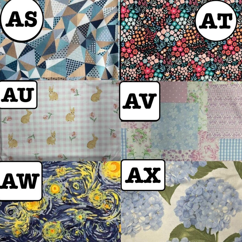 K&ouml;nnte beinhalten: Eine Collage aus sechs Stoffmustern, beschriftet von AS bis AX. Die Muster umfassen blaue geometrische Dreiecke, einen schwarzen Blumendruck, hellrosa Vichy-Karo mit Hasen, ein pastellfarbenes Patchwork, ein wirbelndes gelb-blaues Design.