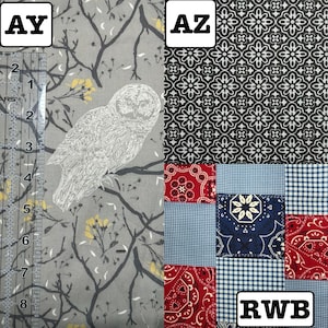 K&ouml;nnte beinhalten: Drei Stoffmuster mit den Bezeichnungen AY, AZ und RWB. AY ist grau mit wei&szlig;en Eulenillustrationen und gelben Akzenten, gemessen mit einem 20,32 cm Lineal. AZ zeigt ein schwarz-wei&szlig;es geometrisches Muster. RWB zeigt ein rot-wei&szlig;-blaues Patchwork-Design.