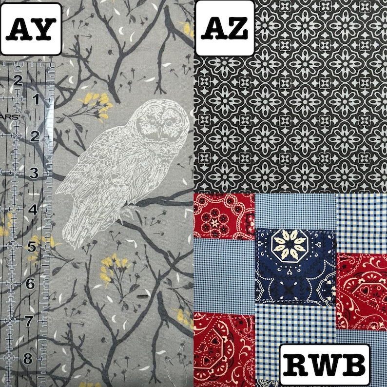 K&ouml;nnte beinhalten: Drei Stoffmuster mit den Bezeichnungen AY, AZ und RWB. AY ist grau mit wei&szlig;en Eulenillustrationen und gelben Akzenten, gemessen mit einem 20,32 cm Lineal. AZ zeigt ein schwarz-wei&szlig;es geometrisches Muster. RWB zeigt ein rot-wei&szlig;-blaues Patchwork-Design.