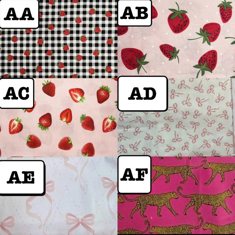 K&ouml;nnte beinhalten: Eine Collage aus sechs Stoffmustern: AA zeigt rote Erdbeeren auf schwarz-wei&szlig;em Vichy-Karo. AB zeigt rote Erdbeeren auf einem hellrosa Hintergrund mit Punkten. AC zeigt ganze und aufgeschnittene Erdbeeren auf Rosa. AD und AE zeigen rosa Schleifen auf Wei&szlig;. AF zeigt goldene Leoparden auf einem leuchtend rosa Hintergrund.