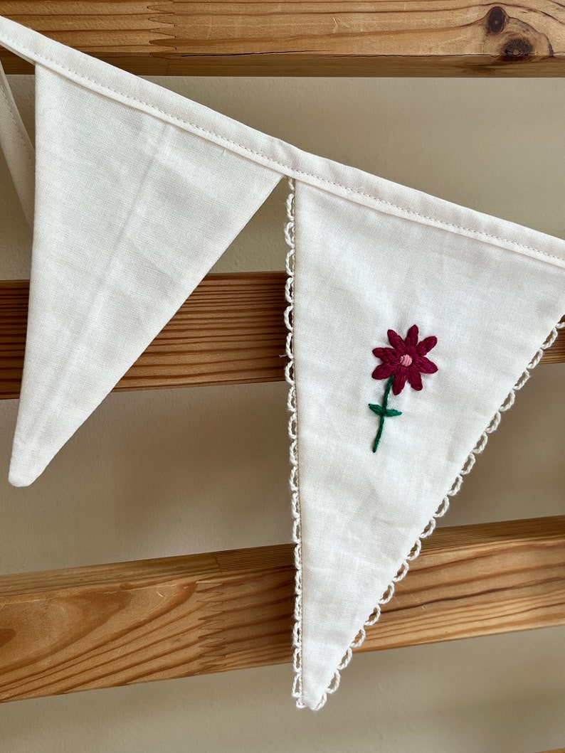 Cream Nursery Bunting With Embroidered Flowers Baby Shower Bunting