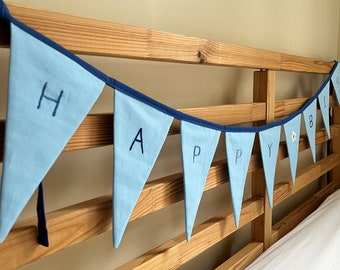 Blue Happy Birthday bunting with embroidered letters and daisy | Party decorations | Garland | Banner