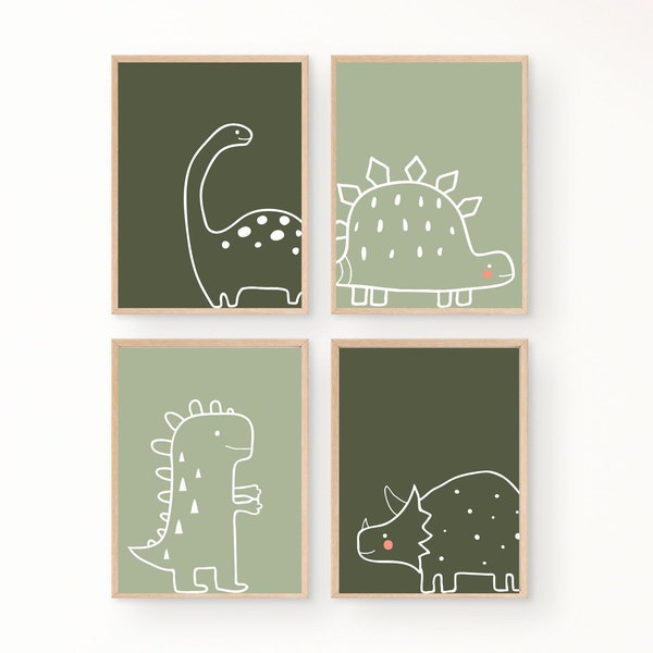 Set of 4 Dinosaur Wall Art, Instant Download, T-Rex Prints, Triceratops Poster, Boy Décor, Boy Nursery Art, Kid Gallery Wall, Green Dinosaur