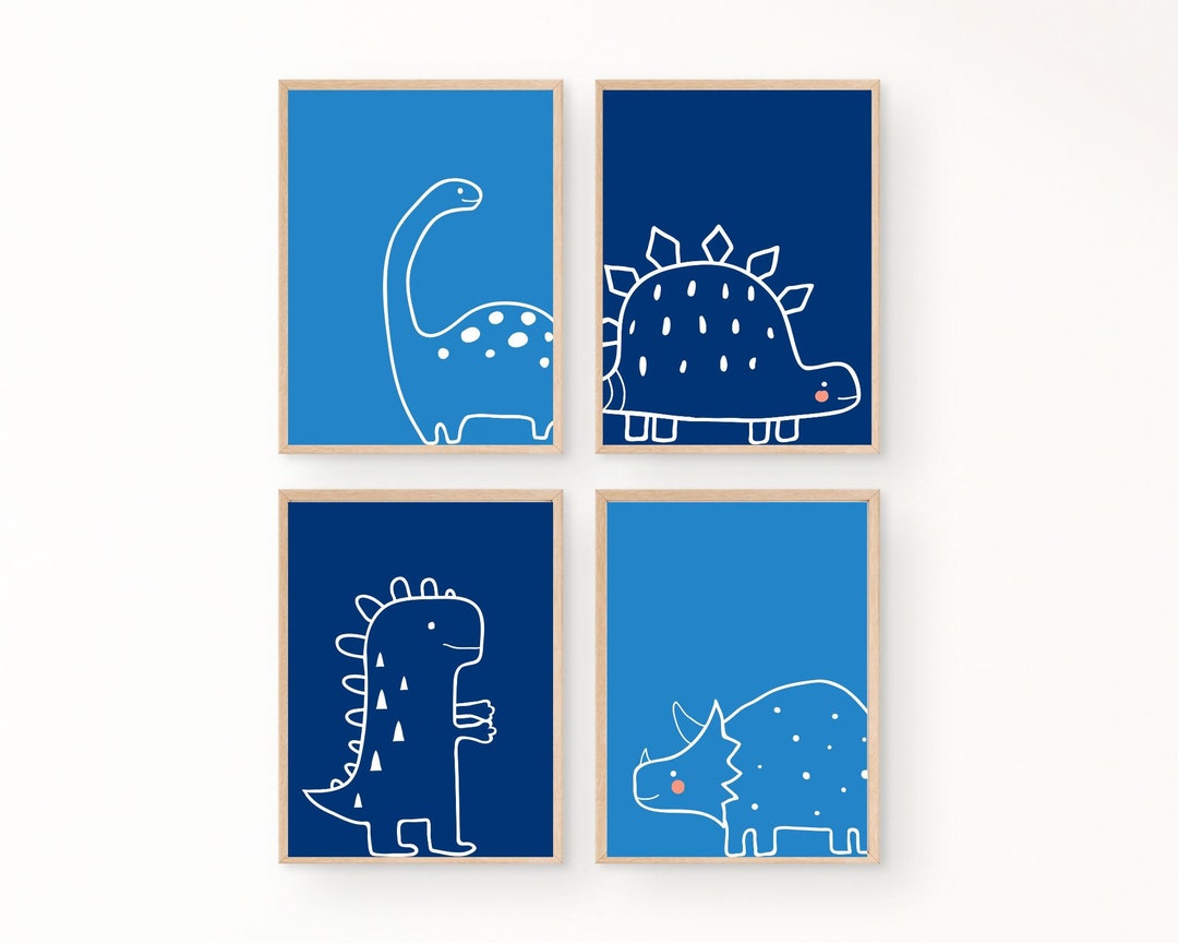 Set of 4 Blue Dinosaur Wall Art, Instant Download, Trex Prints, Triceratops Poster, Boy Décor
