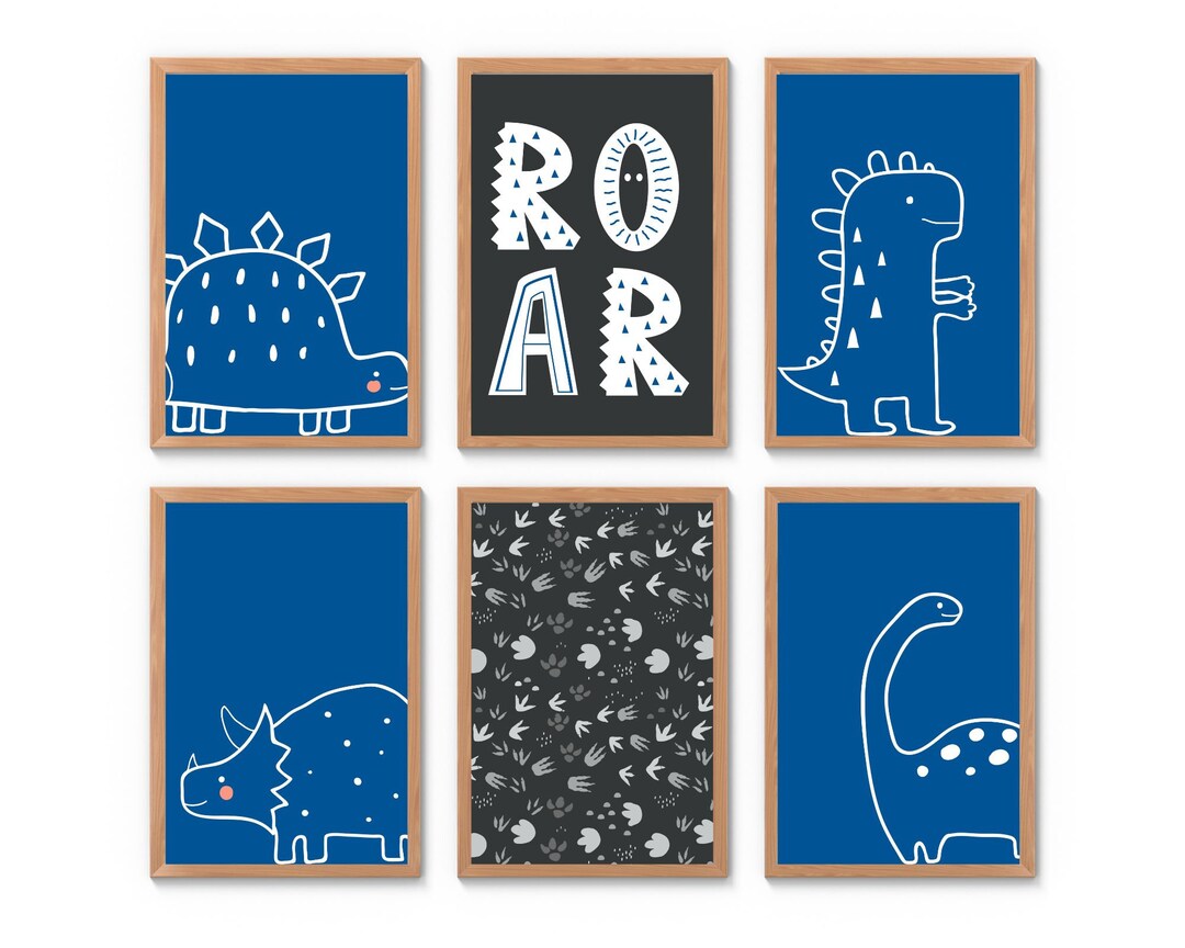 Boy Nursery Wall Art Dinosaur Prints Set of 6 Blue Nursery Prints