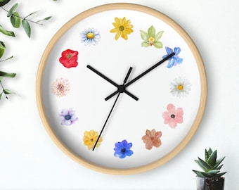 Unique Wall Clock Watercolor Flower Wall Clock Wooden Wall Clock Round