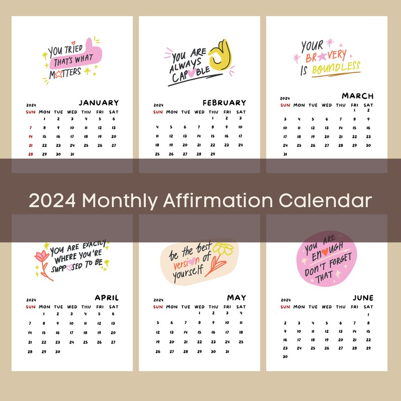 2024 Printable Affirmation Calendar Digital PDF Download Monthly